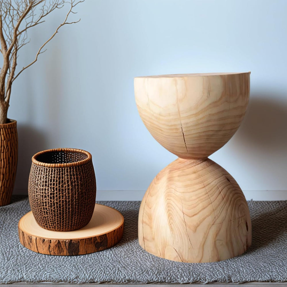 Natural Wooden Pillar Side Table – Round tree Wood Drum-Shaped Coffee Table