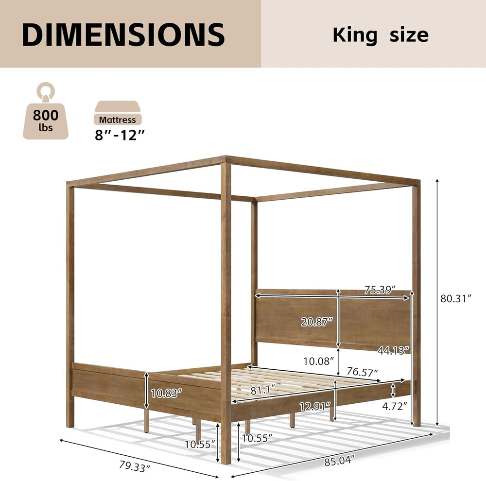 Merax King Canopy Bed Frame with Headboard & 4 Posters, Antique Natural