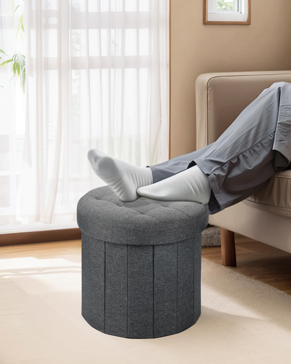 Bsketa Round Storage Ottoman, 14" Folding Linen Foot Stool,Dark Gray 2 Pack