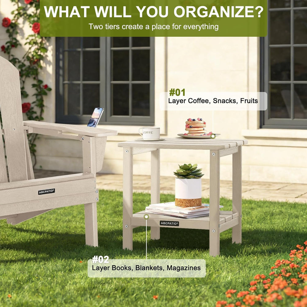 Patio Side Table HDPE Double Layer Storage Square Woodgrain Sand
