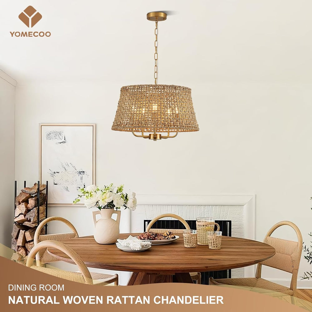 19.7" Boho Rattan Chandelier, 5-Light Gold Wicker Light Fixture