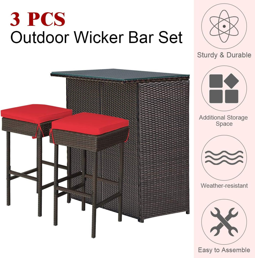 DORTALA 3 Pieces Rattan Patio Bar Table & Stool Set, Patio Furniture Set ...