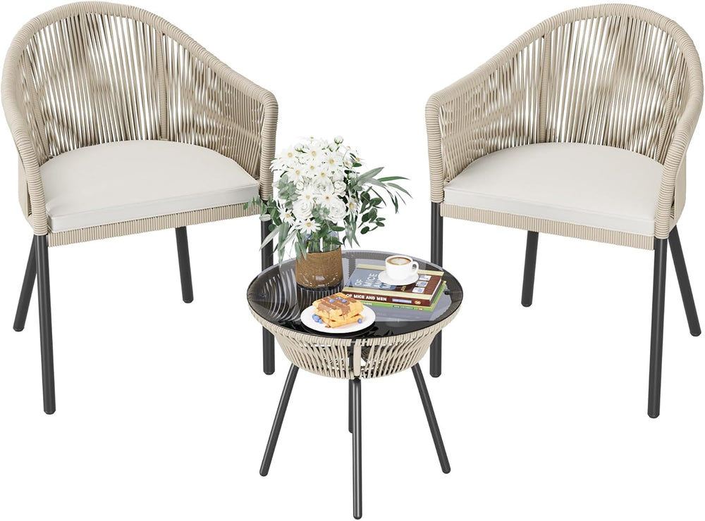 Devoko Patio Furniture Set 3 Pieces Rope Woven Bistro Set Outdoor Conversatio...