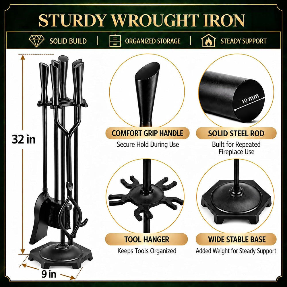 FEED GARDEN 5-Piece Fireplace Tools Set with Stand, Heavy Duty Wrought Iron