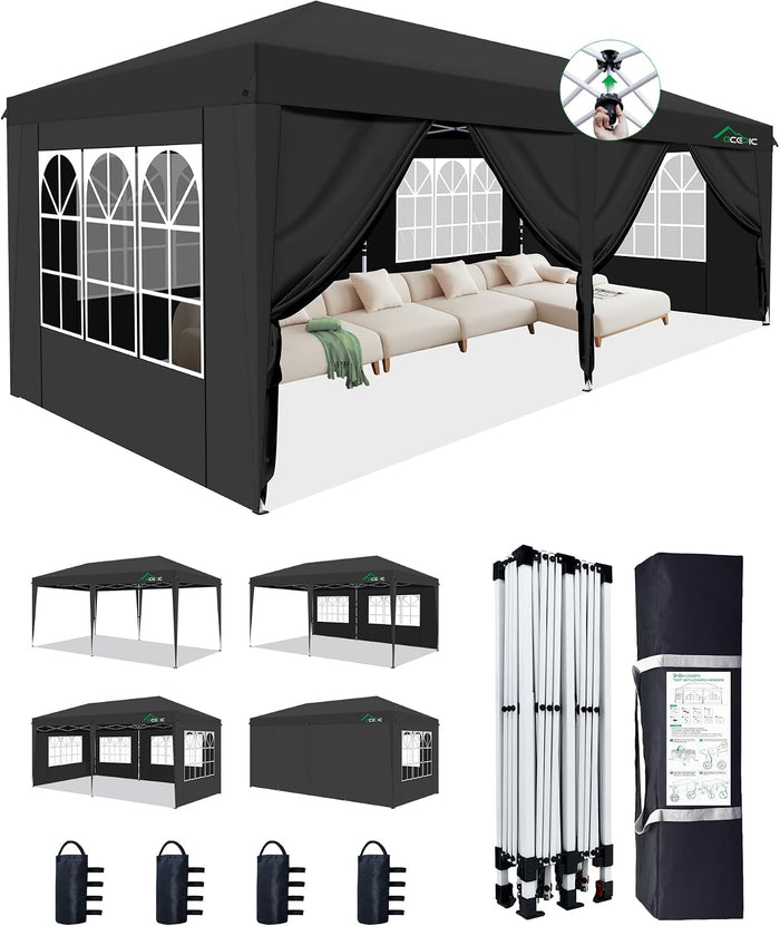 Acepic 10x20 Black, Pop Up Canopy Tent with 6 Removable Sidewalls 10 * 20