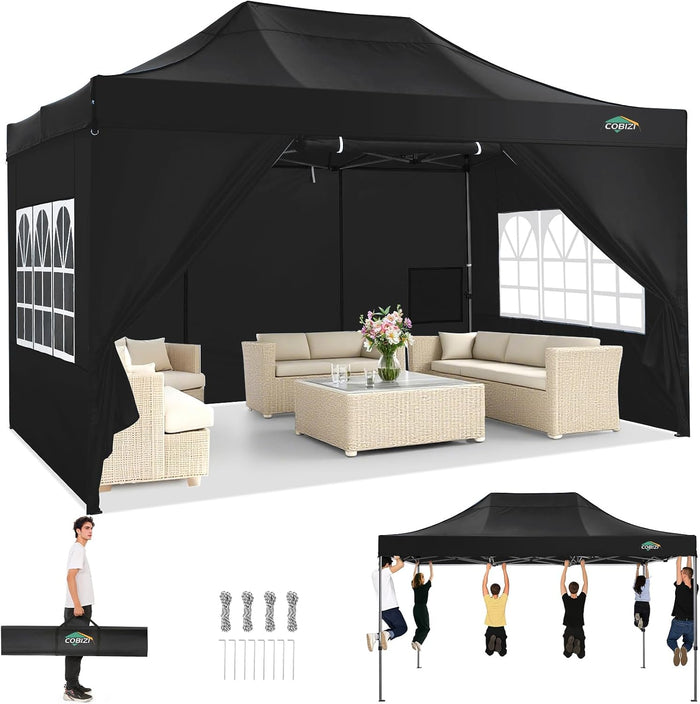COBIZI 10x15 Heavy Duty Pop Up Canopy Tent with 4 Sidewalls, Black