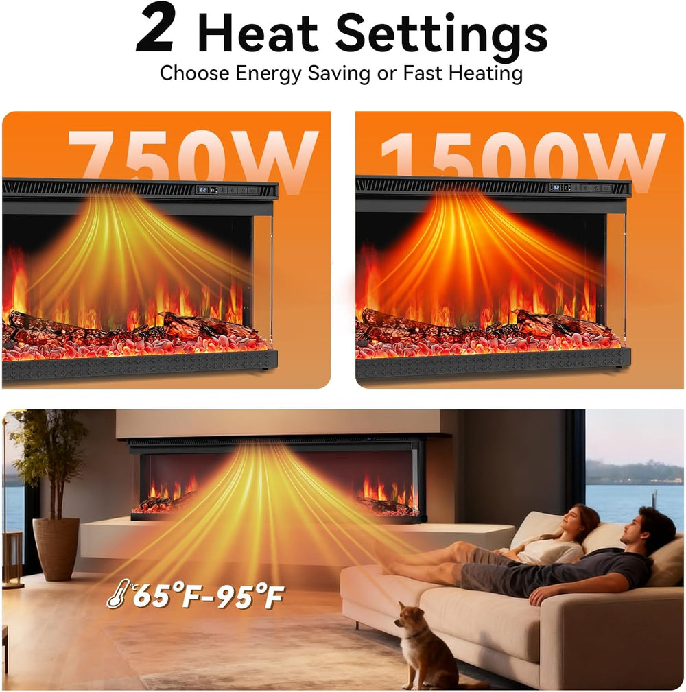 72-inch 3-Sided Wall Mount Electric Fireplace, Recessed & Built-in Design...