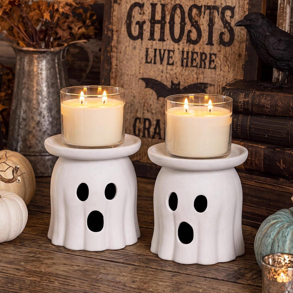 Tioncy 2 Pcs Halloween Terracotta Ghost Candle Holder Table Decor White
