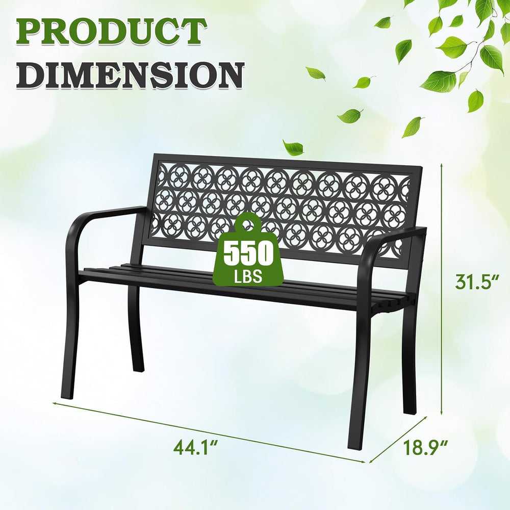 44" Outdoor Garden Bench, Iron Metal Frame Patio Bench with Backrest and...