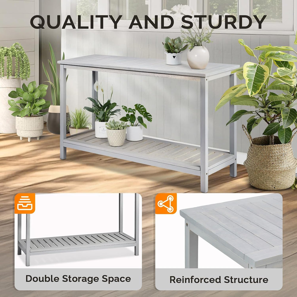 VINGLI 49in Solid Wood Outdoor Console Table, 2-Shelf Wooden Outdoor Accent P...