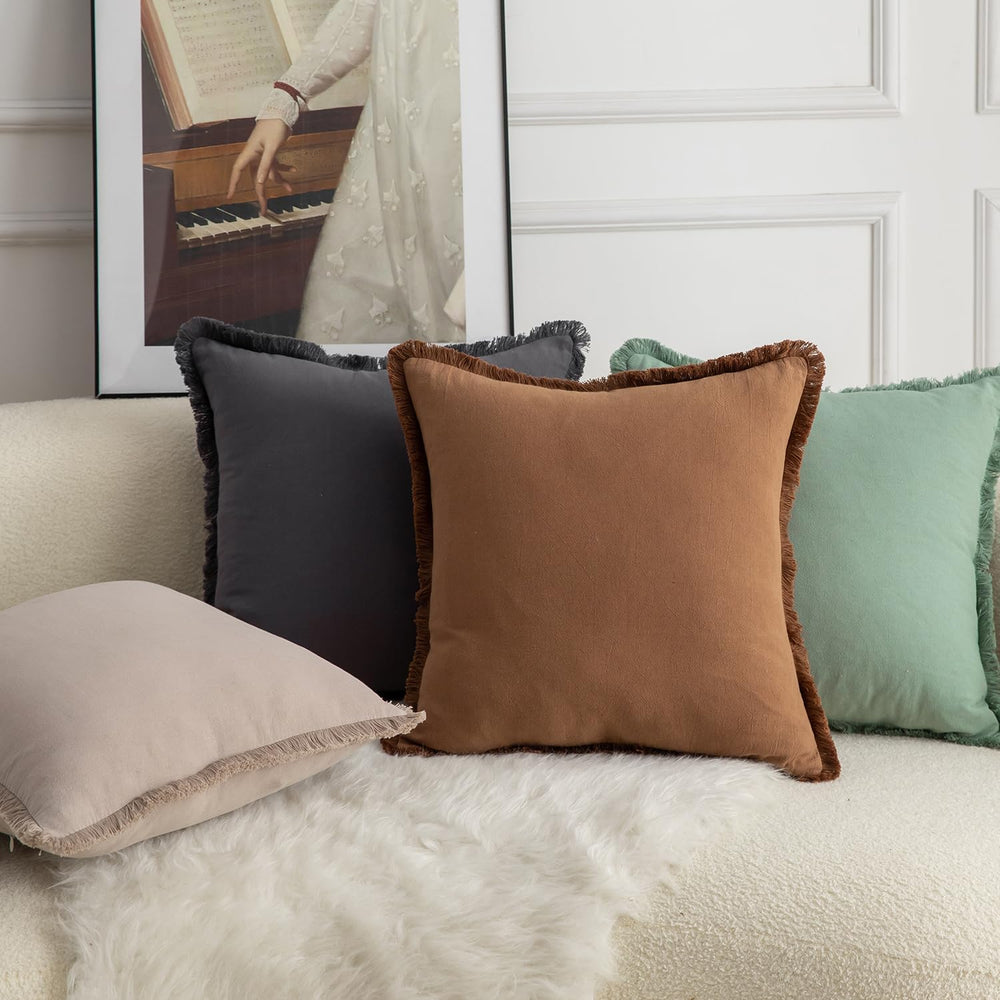 MANDIOO Set of 4 Neutral Cotton Fringe Decorative Throw Pillow Covers 22x22 I...