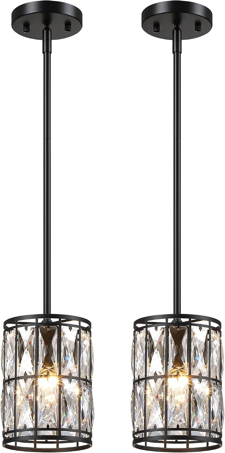Modern Crystal Pendant Light Fixture 2-Pack Matte Black Finish Hanging Lighti...