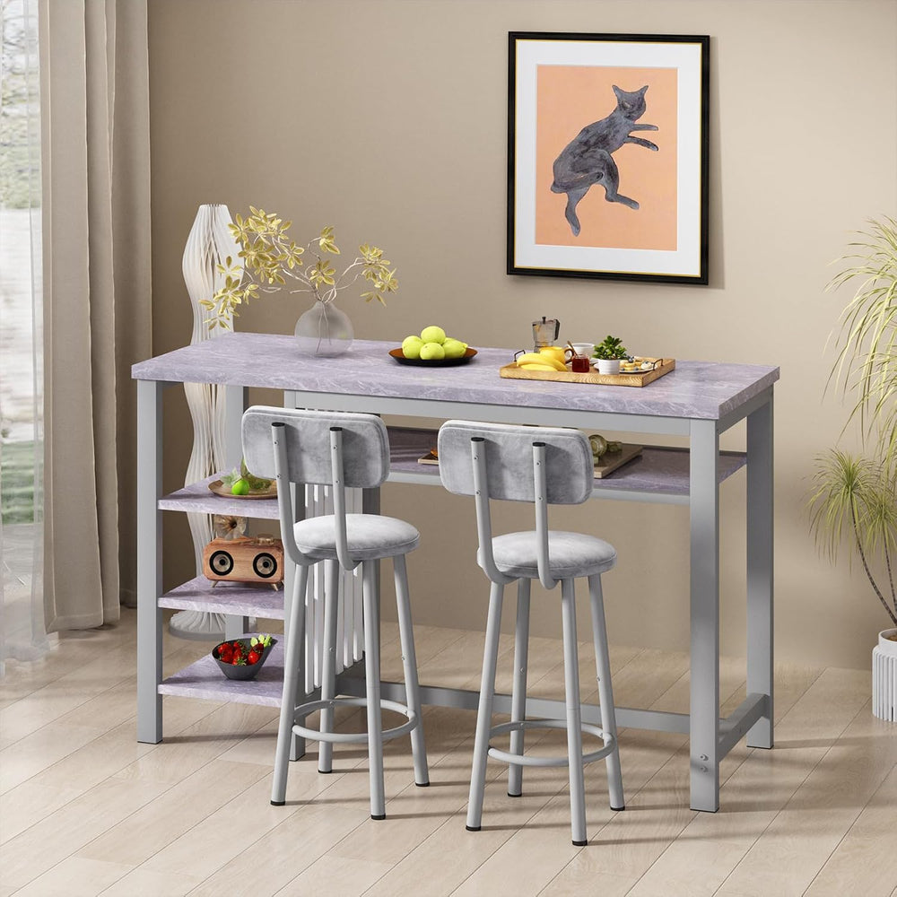 AWQM 3-Piece Bar Table and Chairs Set, Modern Gray Table with 2 PU Cushion Ba...
