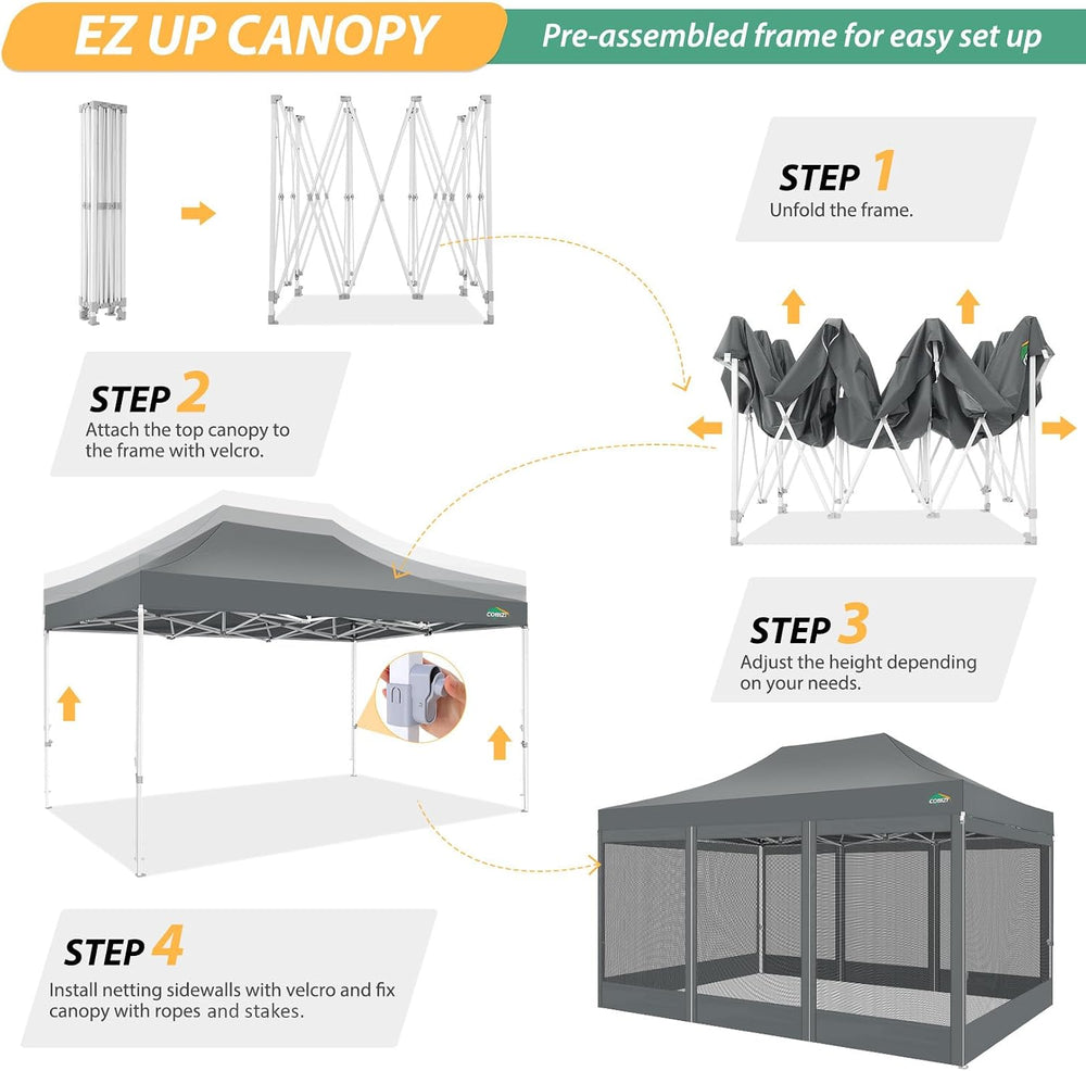 COBIZI 10x15 Heavy Duty Pop Up Canopy Tent with 4 Mosquito Netting Walls