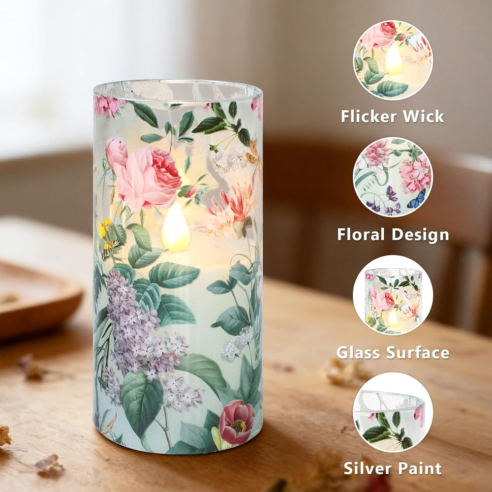 Glass Flameless Candles with Remote Timer Floral Battery Operated LED Flicker...