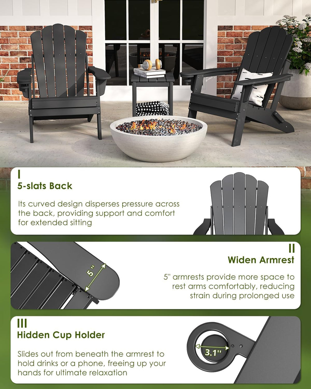 GREENVINES Oversized Folding Adirondack Chairs Set of 2, HDPE, Black