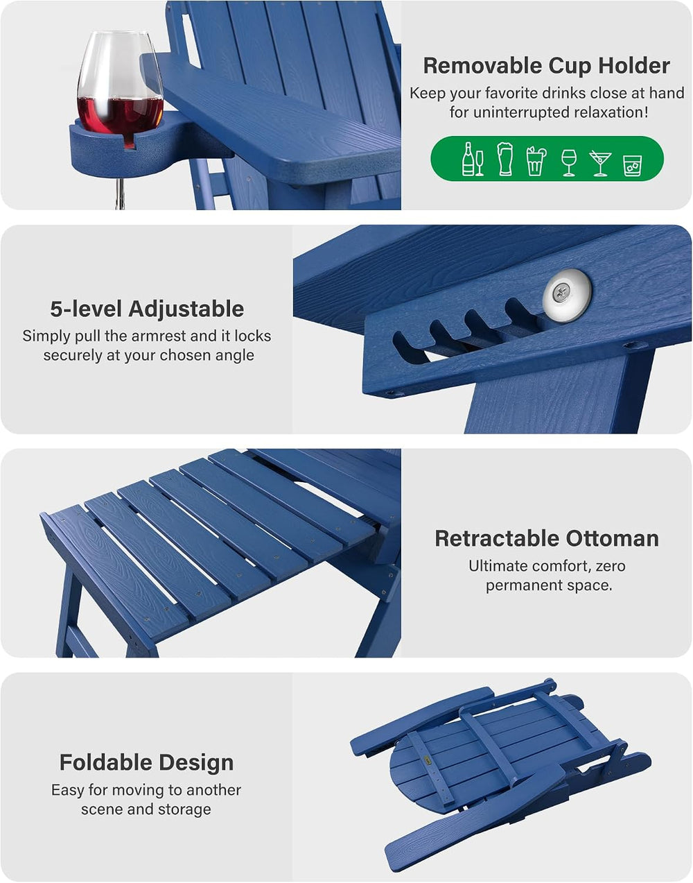 YEFU Adjustable Adirondack Chair with Footrest,All-Weather, Set of 4,Navy