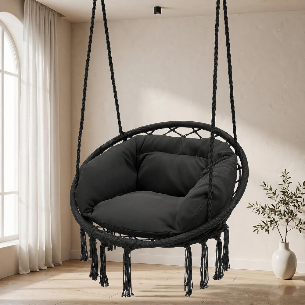 Monibloom Hanging Hammock Chair with Cushion, Macrame Swing Chair, Black