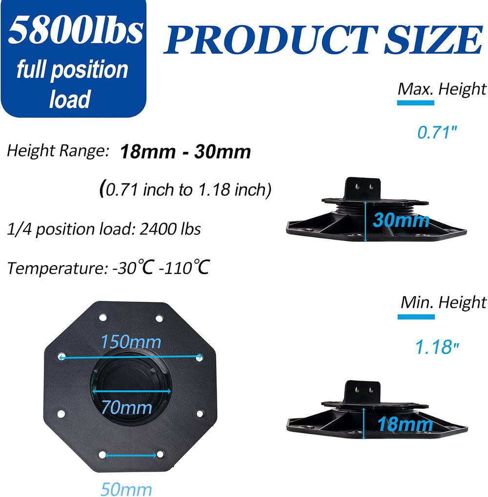 18-30mm Adjustable Deck Blocks, Heavy Duty Deck Foundation Base Support