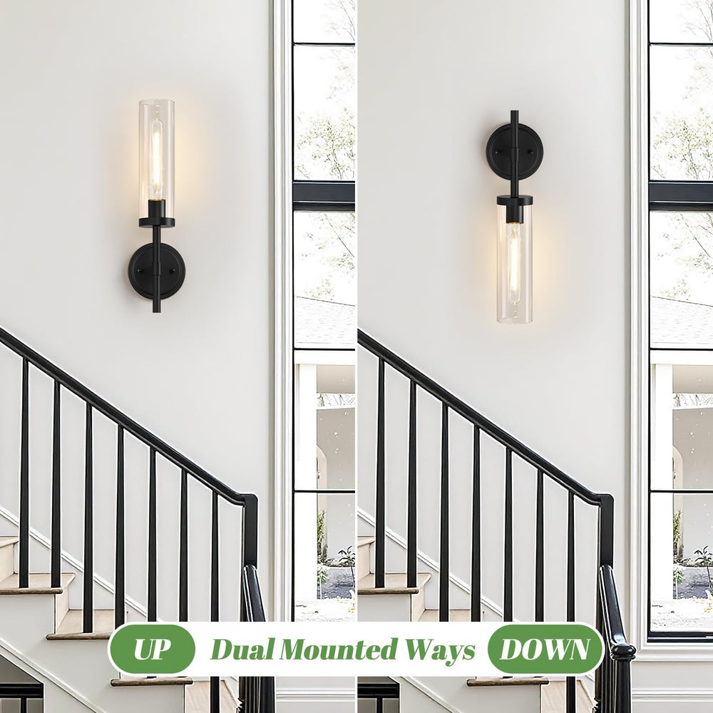 Hardwired Wall Sconces Set of Two, Matte Black Bathroom Sconces with Clear Gl...