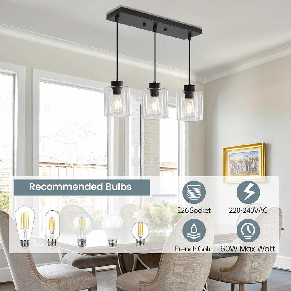 3-Light Black Pendant Light Kitchen Island Dinning Room