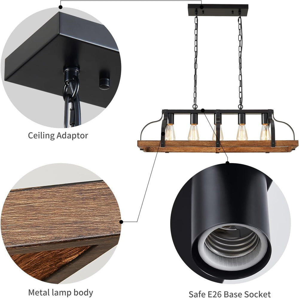 WUZUPS 5-Light Metal Chandelier Imitation Wood Grain Linear Pendant Ceiling L...