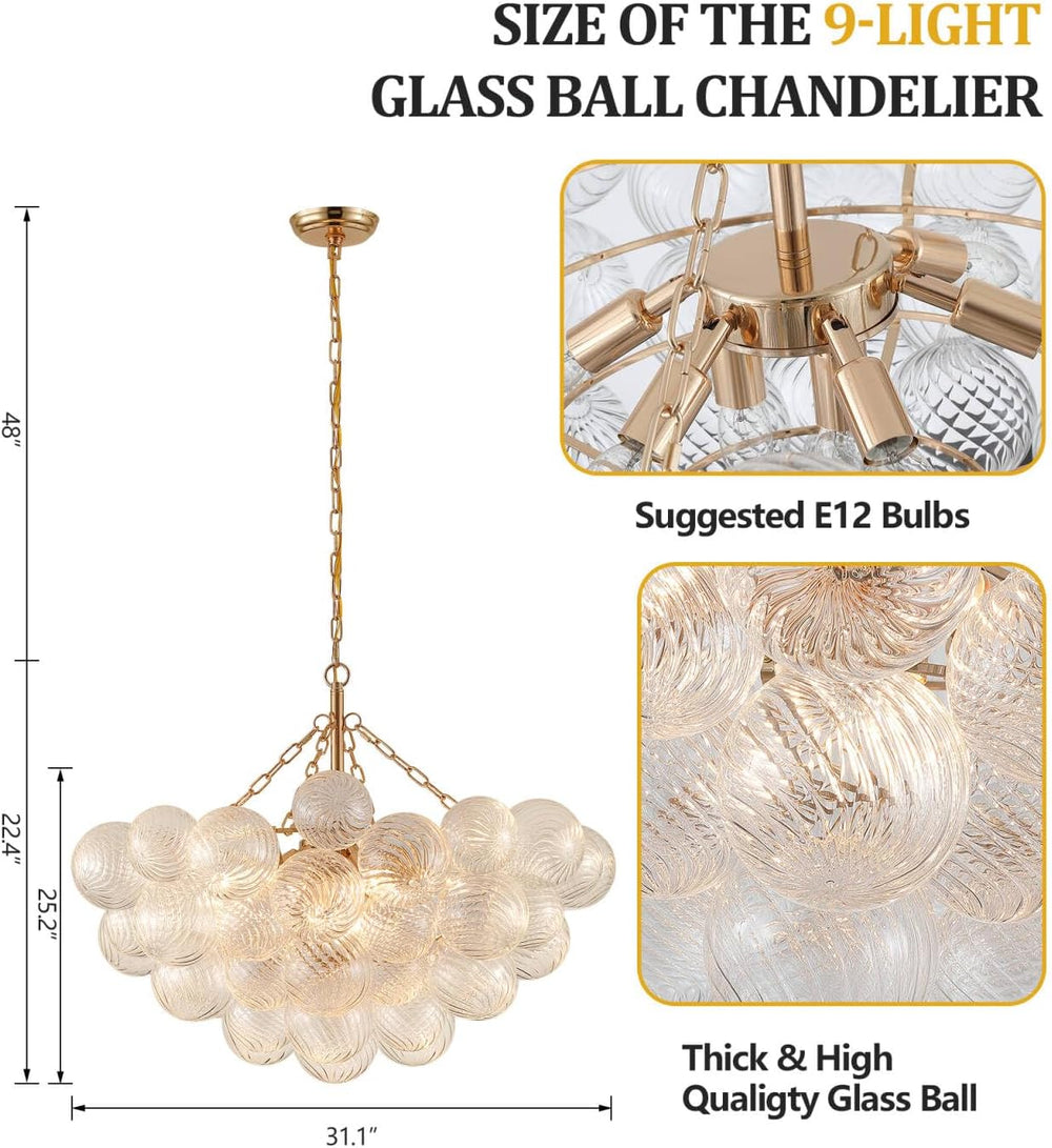 MEIXISUE Modern Glass Chandelier,9 Light Nordic Bubble Ball Swirled Glass Glo...