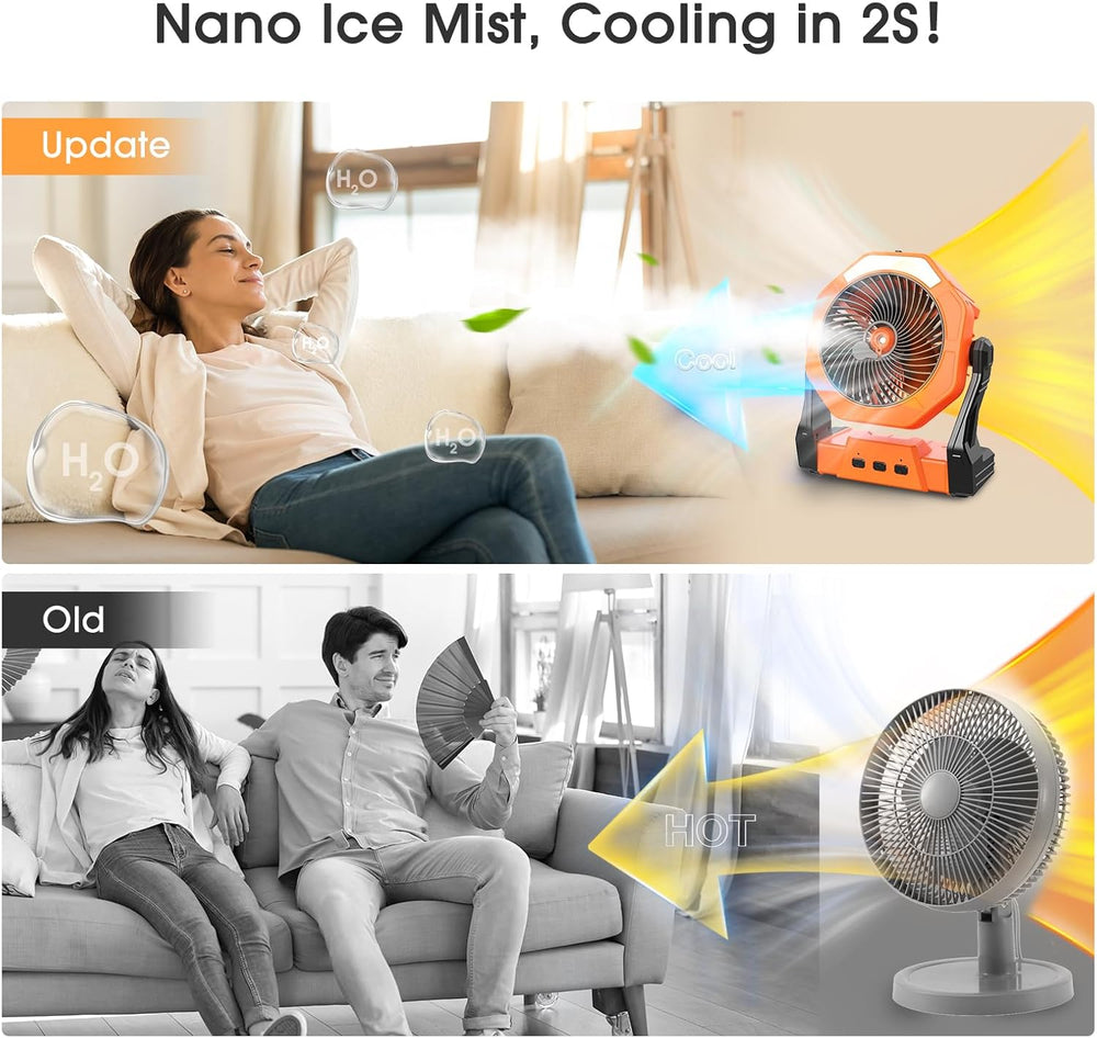 Ausic Portable Misting Fan, Outdoor Rechargeable Fan, LED Light, Hook, 35H