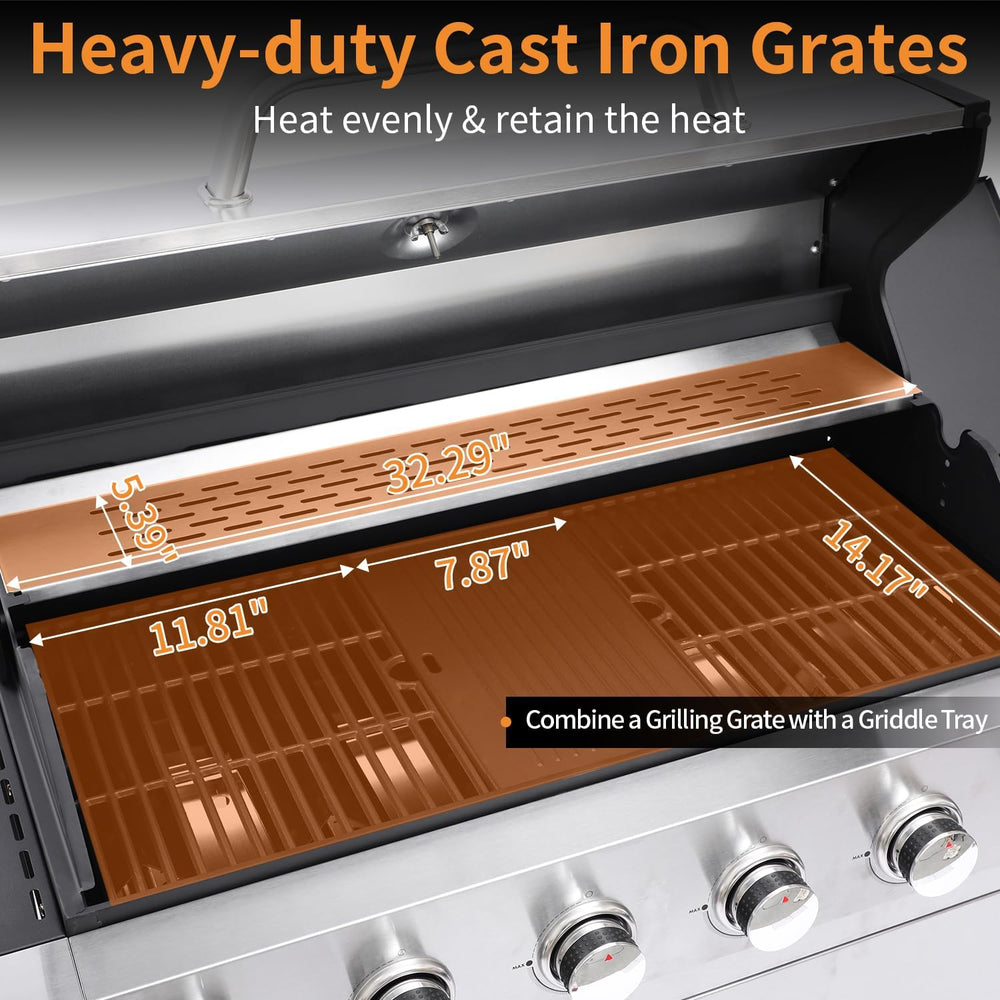 6 Burner Propane Gas Grill with Side Burner, Cast Iron Grates & Griddle C...