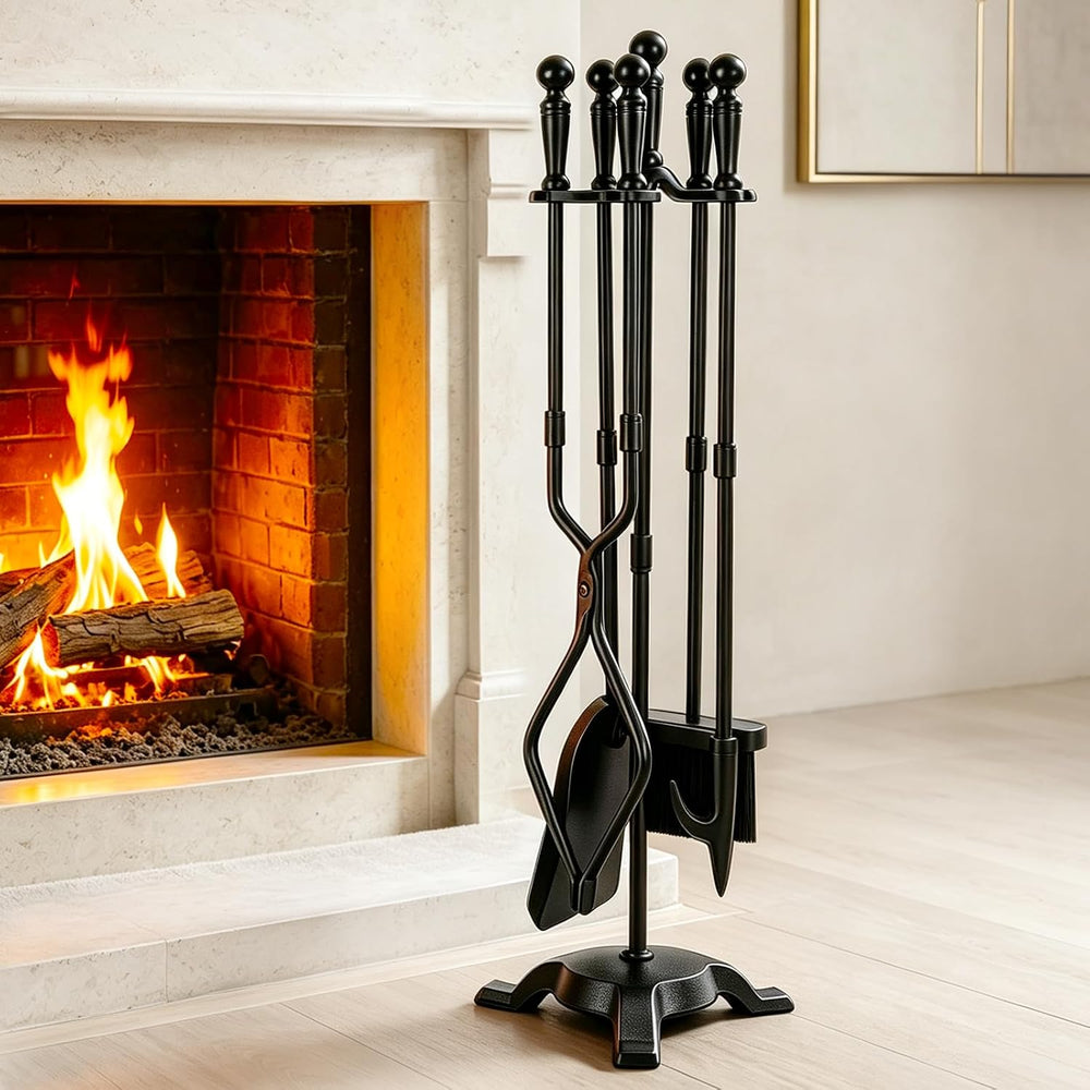 FEED GARDEN 5 Pieces Fireplace Tool Set with Stand,Wrought Iron,29.5” Black