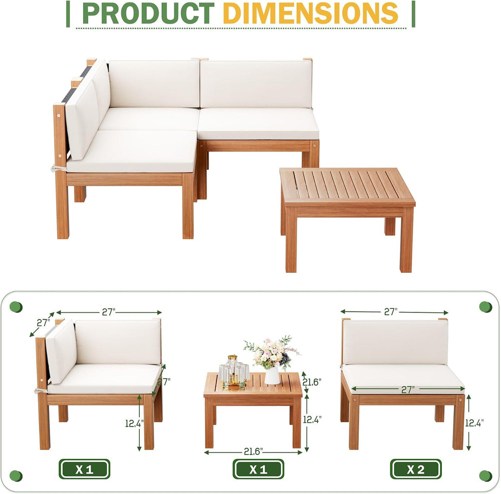 Devoko 4 Pcs Acacia Wood Small Patio Sectional Coach Sofa 54'' L x 54...