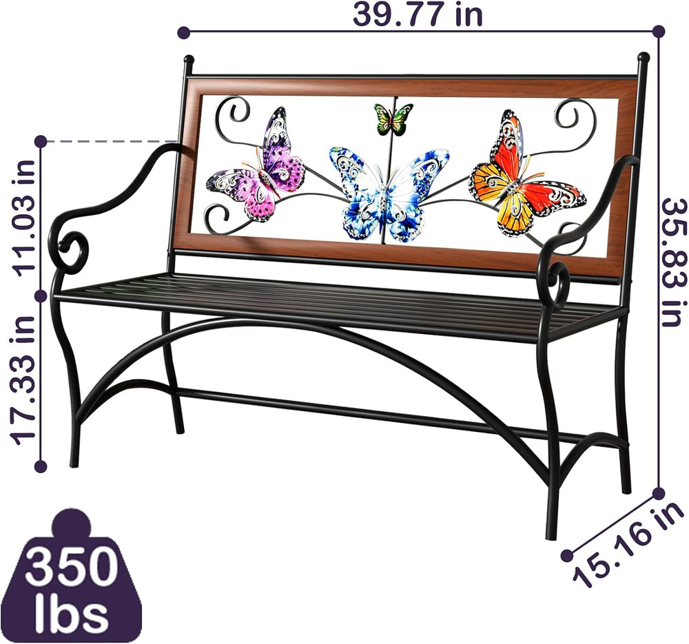 39.7" Outdoor Bench, Garden Bench, Patio Bench with Armrest, Slatted Sea...