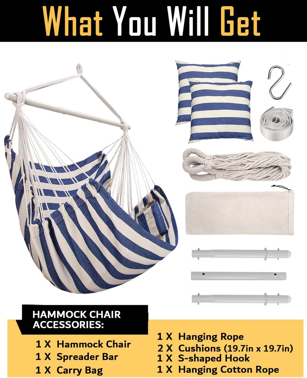 ADVOKAIR Hammock Chair Swing 500lbs Steel Bar 2 Cushions Multi Size