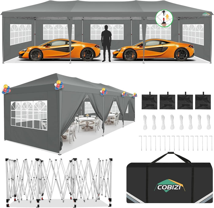 COBIZI 10x30 Pop Up Canopy Tent with 8 Sidewalls Party Tents for Parties Weddings Backyard Waterproof Commercial Instant Outdoor Events Tent with Stakes, Ropes,Sandbags（10 x 30 ft Gray