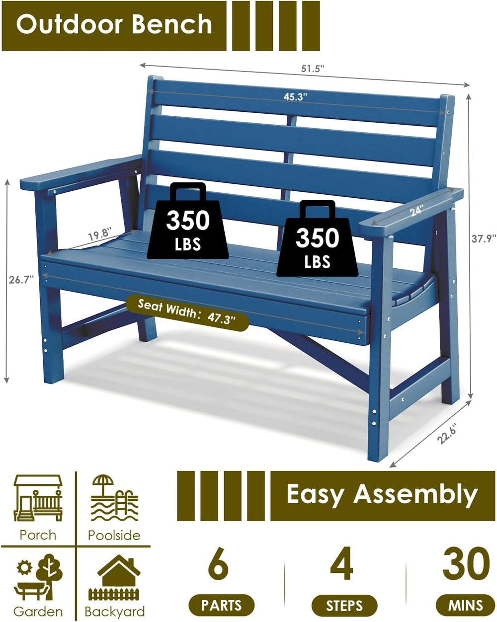 GREENVINES Outdoor Bench, 2-Person HDPE Garden Benches, Blue