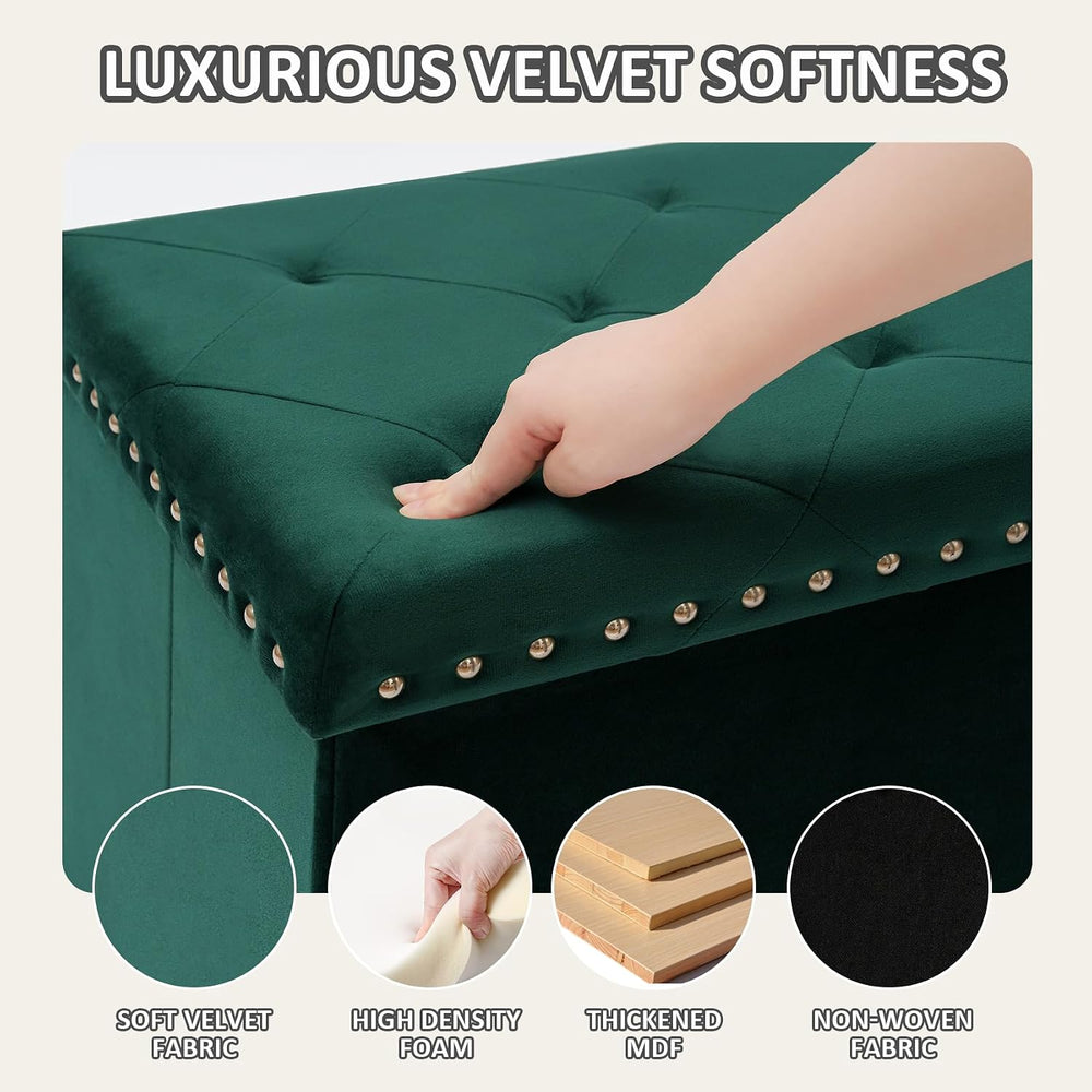 PINPLUS Folding Storage Ottoman Bench, Green Velvet