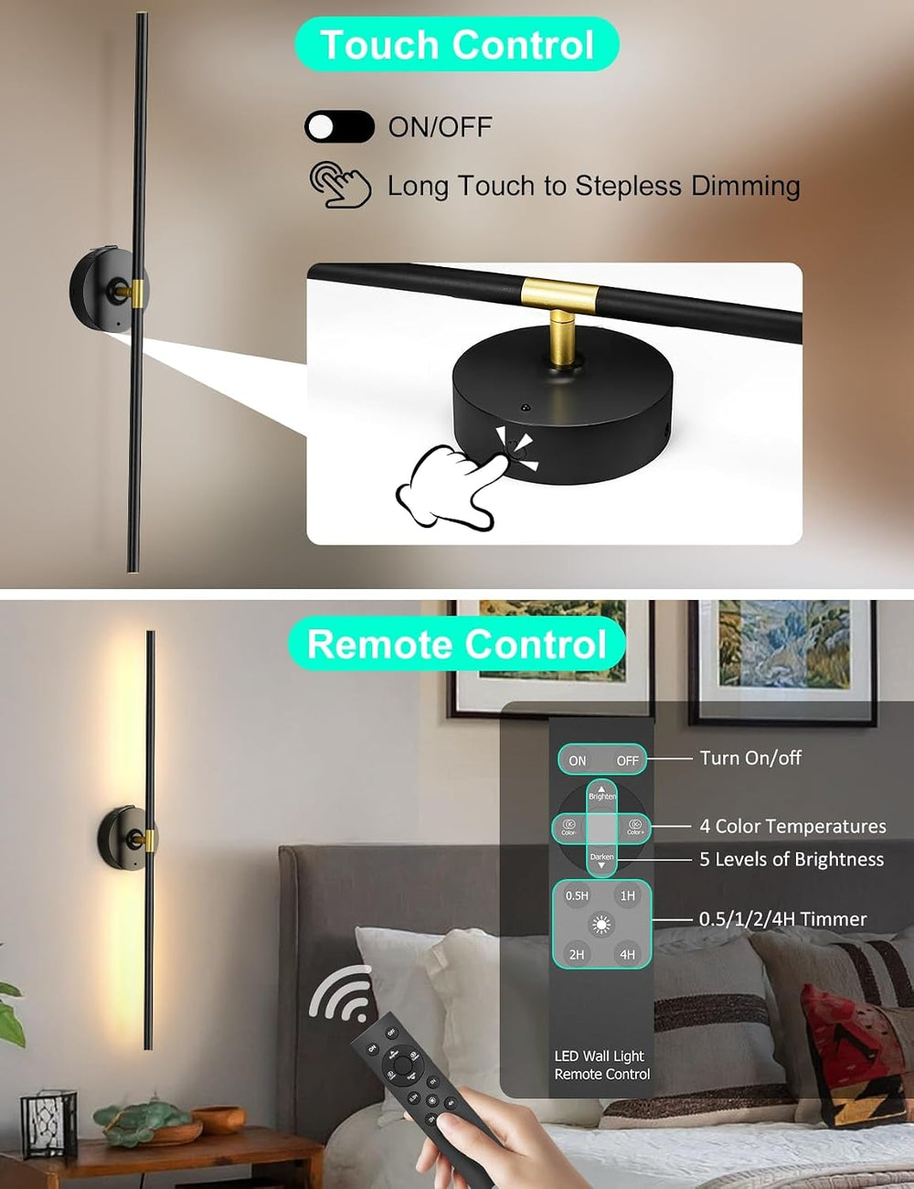 Wall Sconces Battery Operated Set of 2, 10000mAh Rechargeable Wall Lights