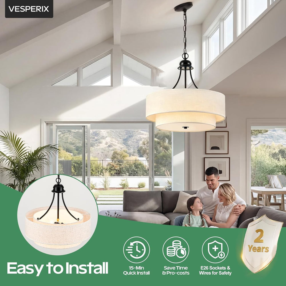 VESPERIX 18" Linen Drum Chandelier, 4-Light Modern Farmhouse Ceiling Lig...