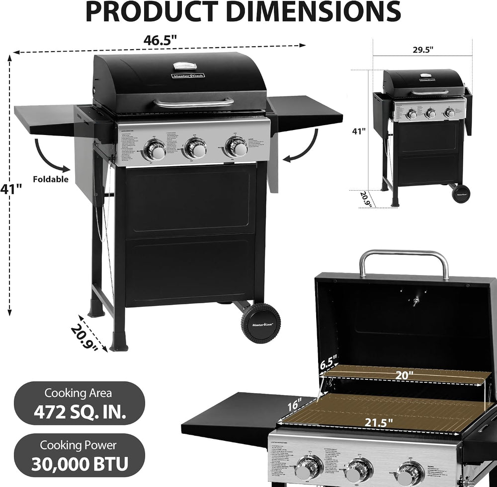 MASTER COOK 3 Burner BBQ Propane Gas Grill, 472 Sq. In. Cooking Area, 30,000 ...