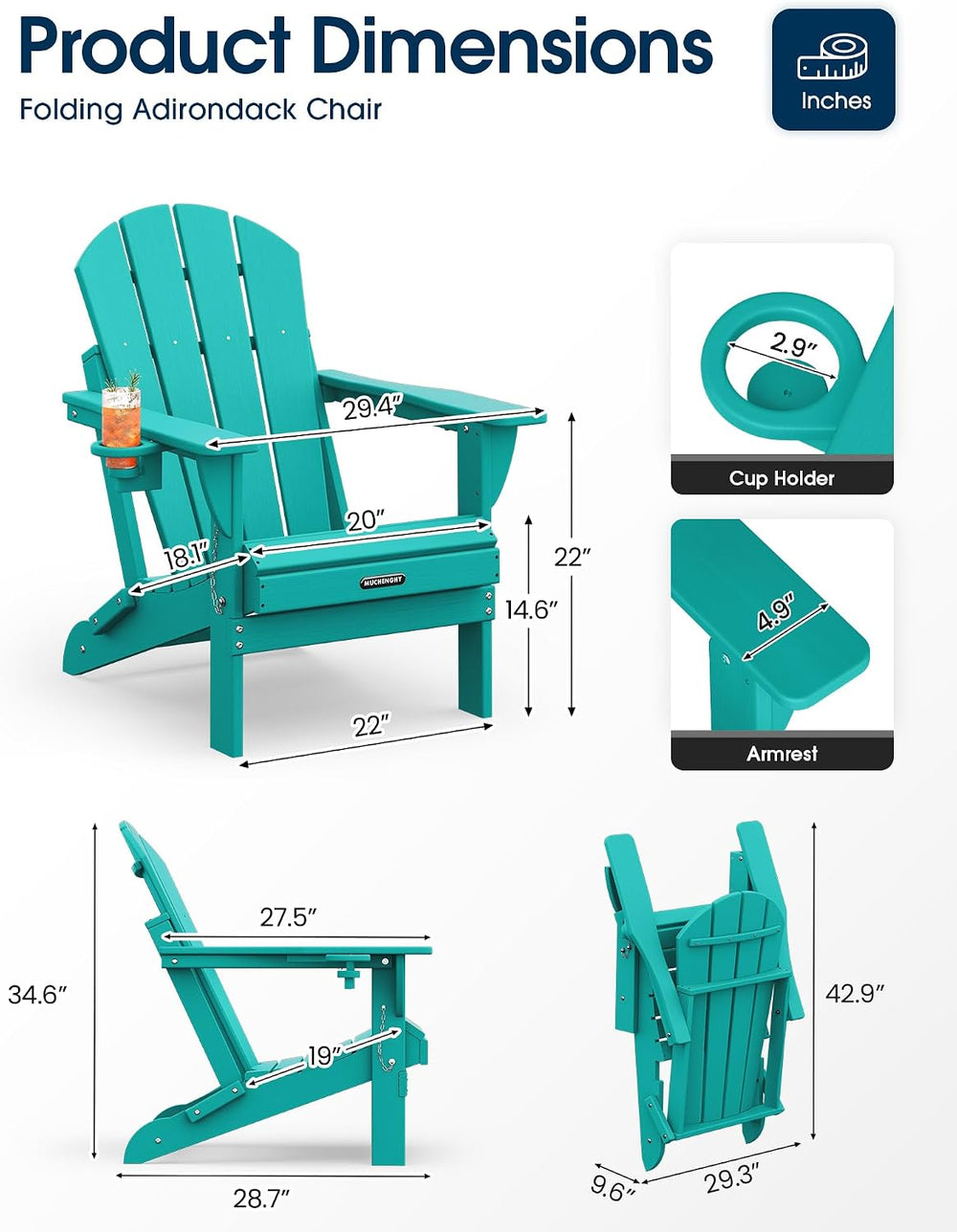 MUCHENGHY Folding Adirondack Chairs Set 6, HDPE for Fire Pit, Lake Blue (Set ...