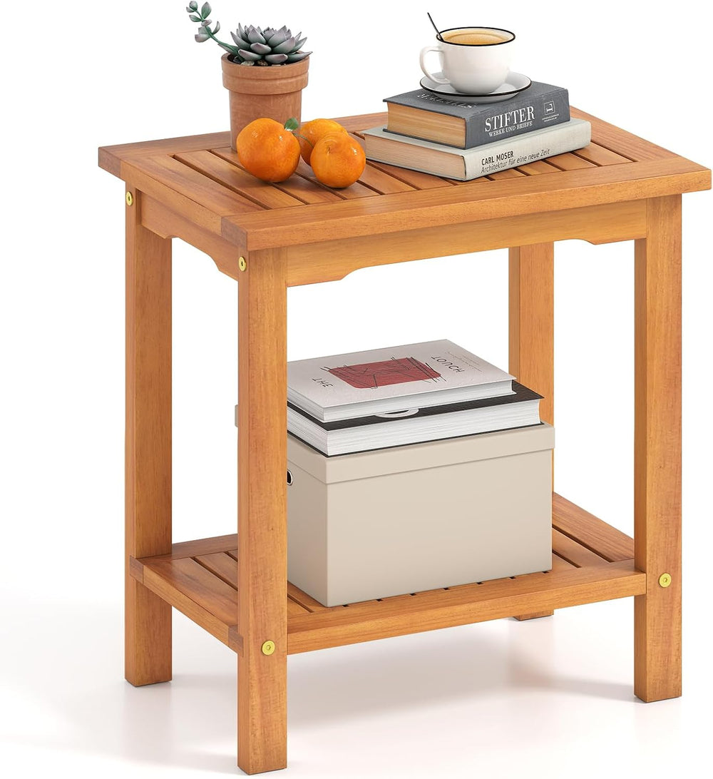 Tangkula Outdoor Side Table, 2-Tier Patio End Table with Slatted Tabletop &am...