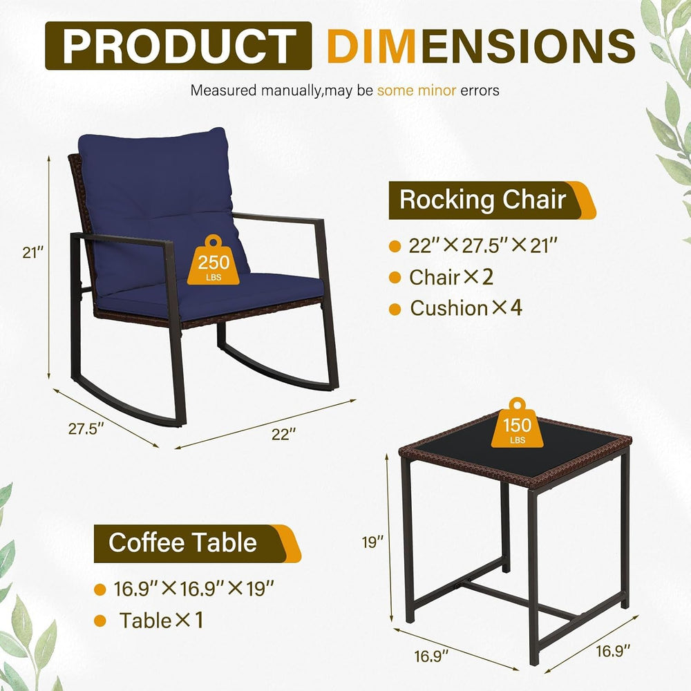 SUNCROWN 3 Piece Outdoor Rocking Bistro Set Brown Wicker Furniture Porch Chai...