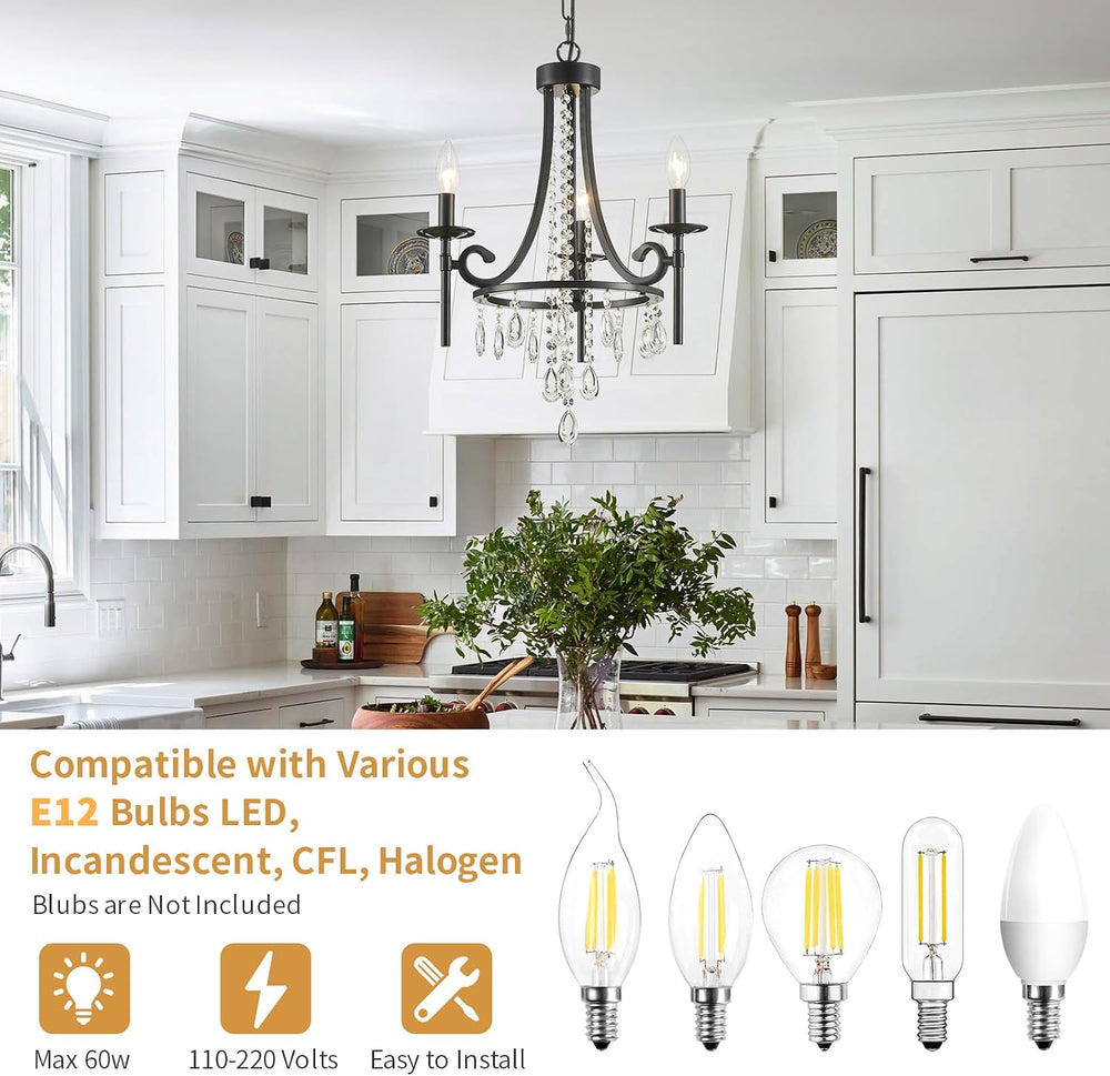 Small Crystal Chandelier, 3-Lights Modern Black Chandeliers for Dinning Room,...