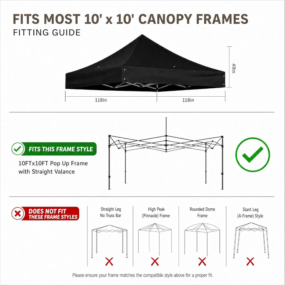 10 x 10 Replacement Canopy Top for Straight Leg Frame, Black