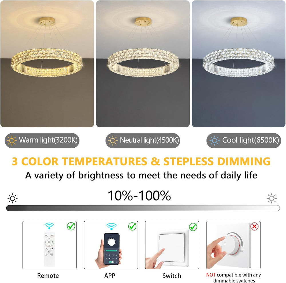 Modern Crystal Chandelier for Living Room Dimmable LED Pendant Light Round Ha...