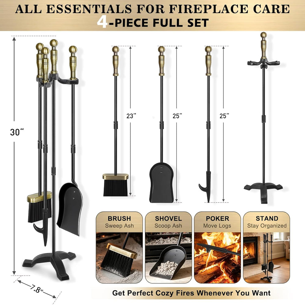 Gtongoko Antique Brass Fireplace Tools Set, 30 Inch Heavy-Duty Wrought Iron