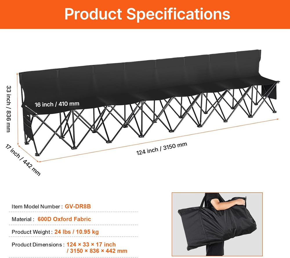 VEVOR Portable Folding Bench, 8 Seats Foldable Sideline Bench, Outdoor Campin...