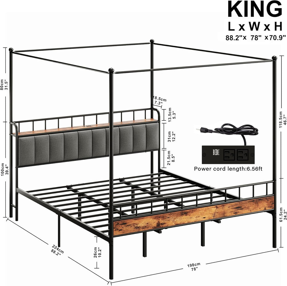 LIKIMIO King Canopy Bed Frame, Storage Headboard with Charging Station
