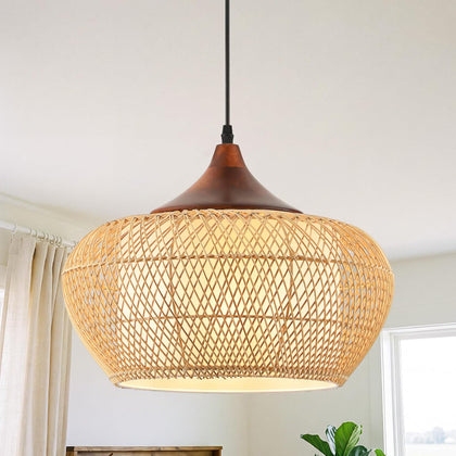 Rattan Pendant Light Fixture, Hand-Woven Wicker Hanging Lighting