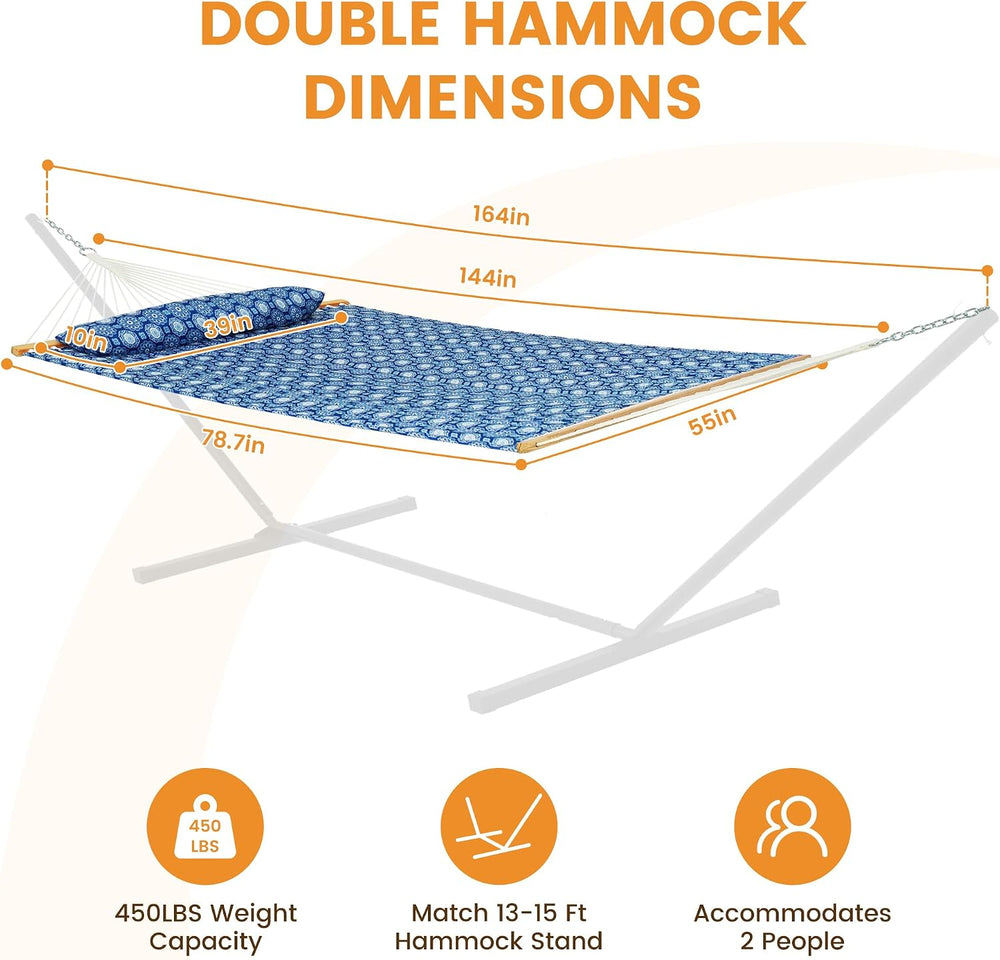 Lazy Daze 12FT Double Quilted Hammock for Outside with Pillow, Blue Floral